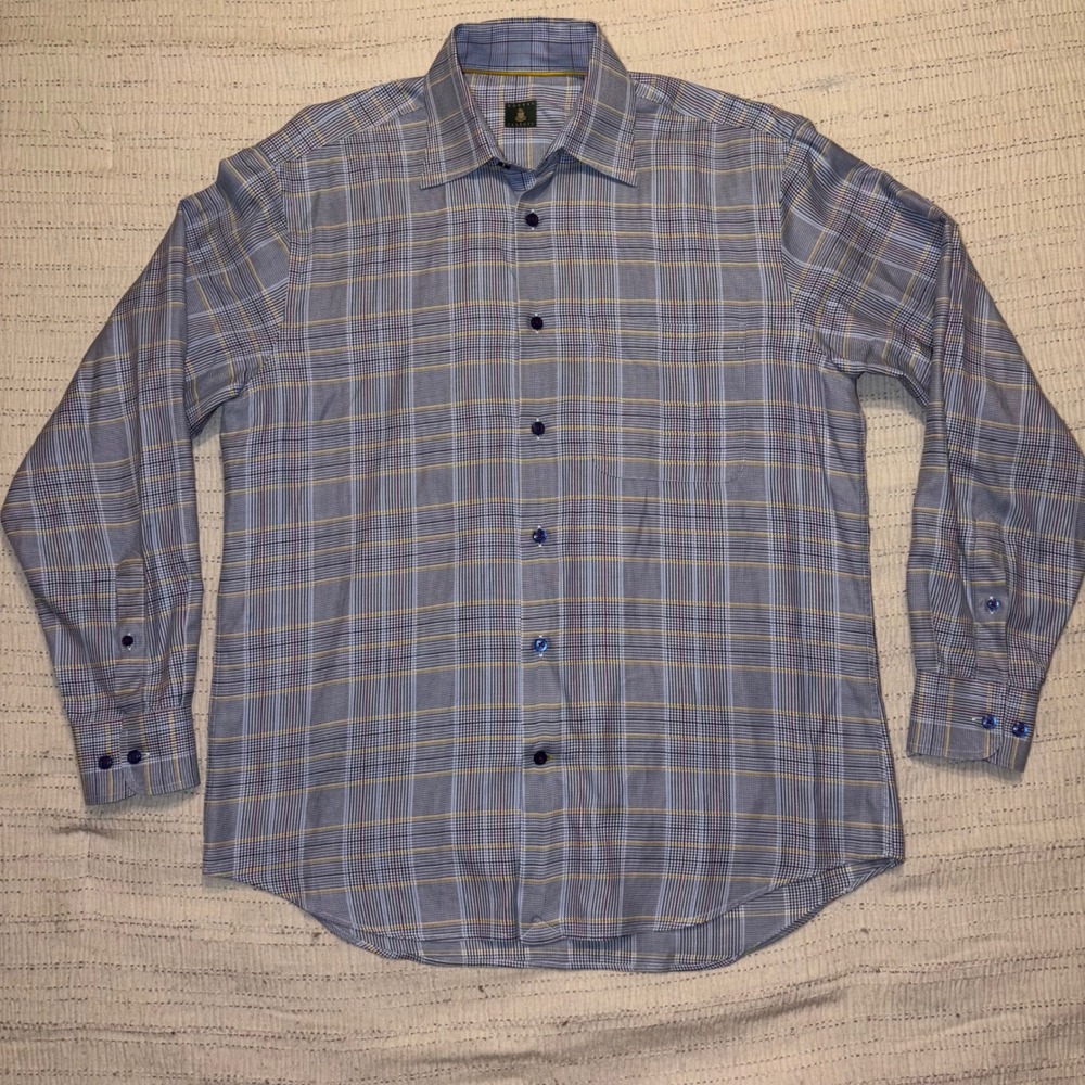 Robert Talbott Mens Estate Blue Glen Plaid Button Shirt Size Medium Long Sleeve